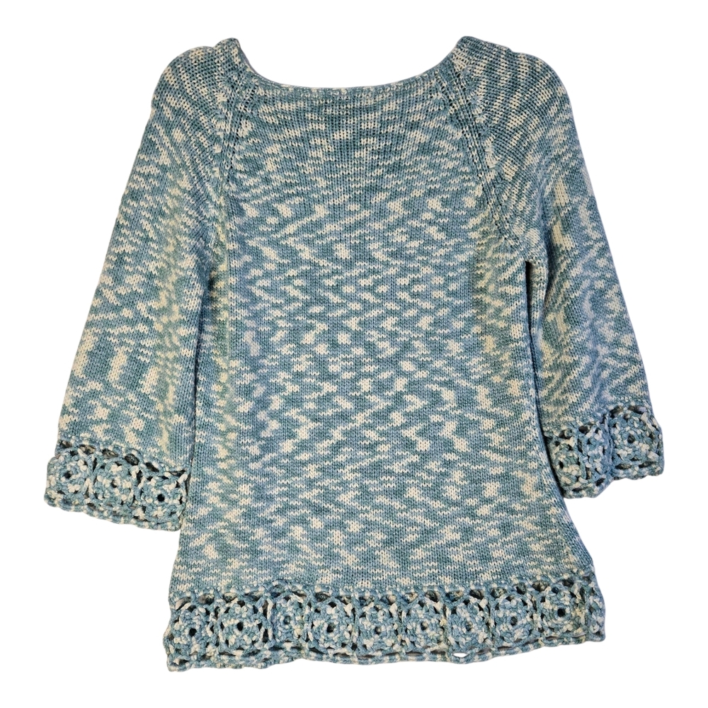 Peck & Peck Womens Size M 3/4 Sleeve Aqua&White Knit Sweater, Crochet  Details